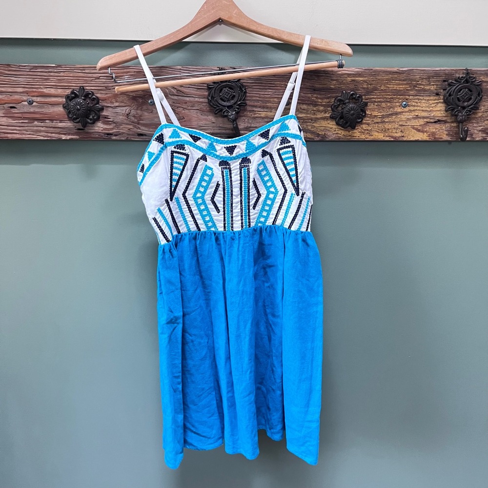 Staring at Stars Embroidered Linen Blend Mini Dress Blue White 4